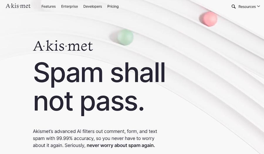 Akismet homepage with the text, "Spam shall not pass"