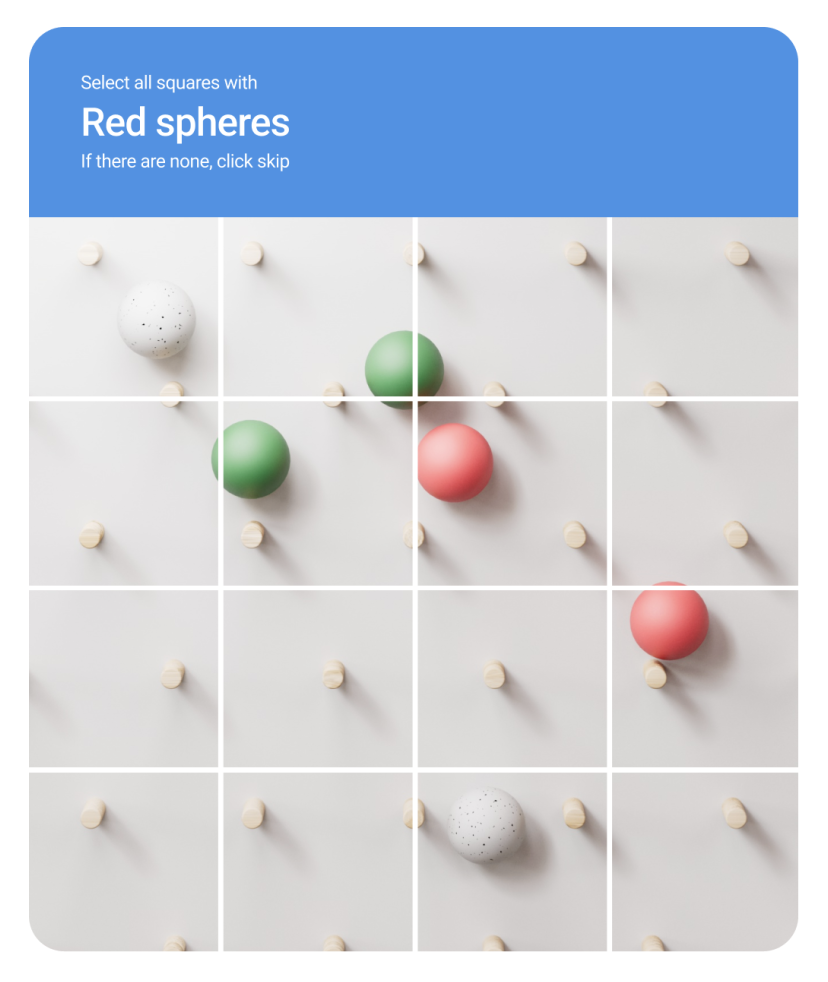 example of a CAPTCHA, asking users to select squares with red spheres